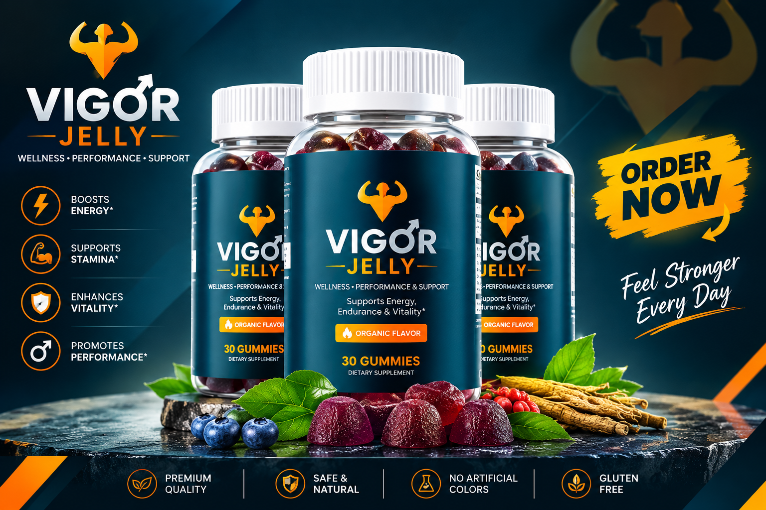 Vigor Jelly product display with three bottles and product information